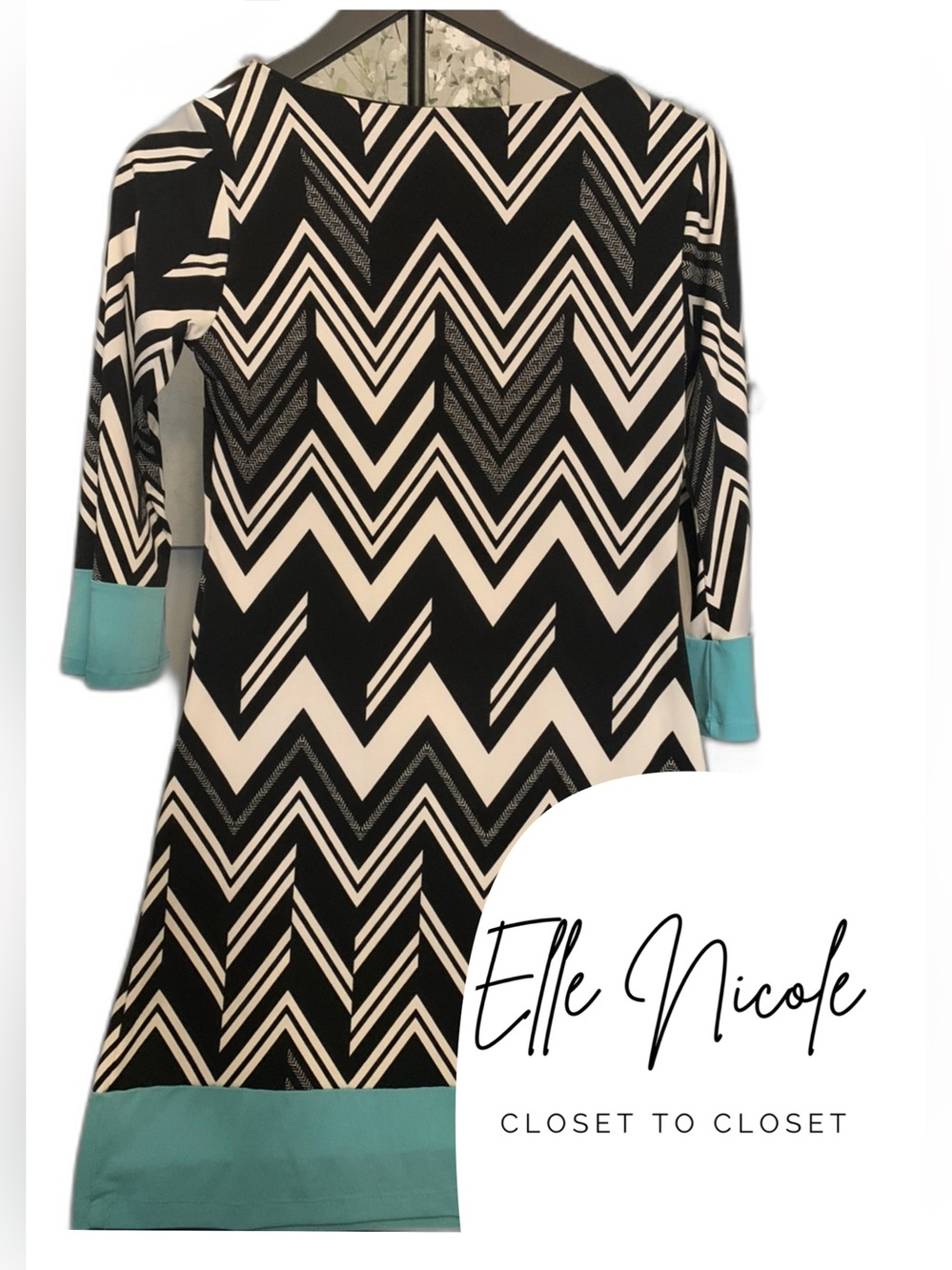 Enfocus Studio Black and White Chevron Long-Sleeve Dress with Teal Accents
